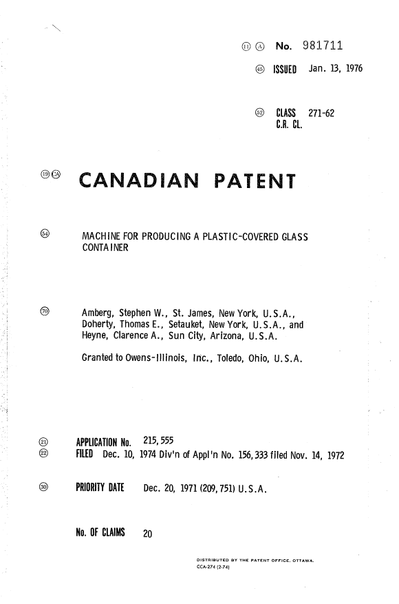 Canadian Patent Document 981711. Cover Page 19940610. Image 1 of 1