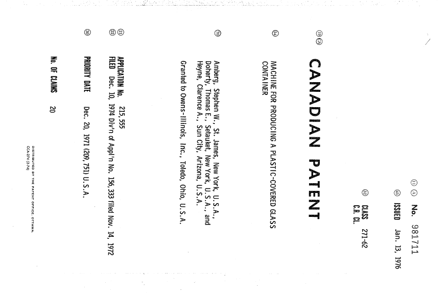Canadian Patent Document 981711. Cover Page 19940610. Image 1 of 1