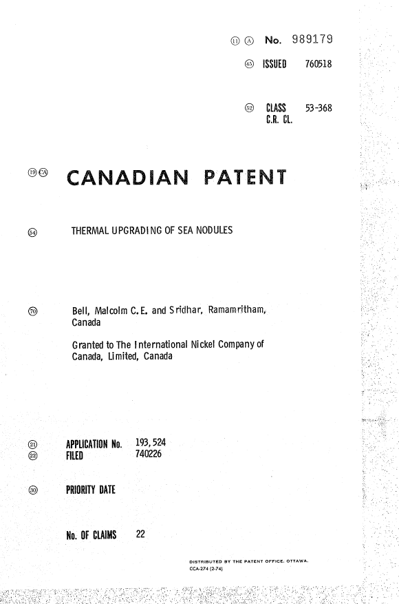 Canadian Patent Document 989179. Cover Page 19931216. Image 1 of 1