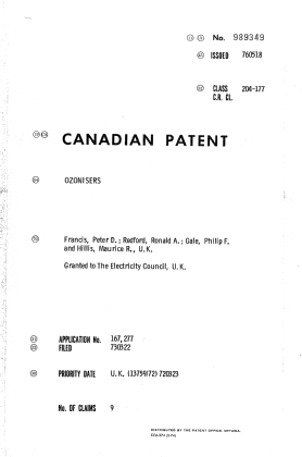 Canadian Patent Document 989349. Cover Page 19940616. Image 1 of 1