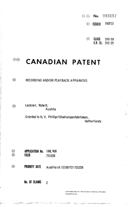Document de brevet canadien 993097. Page couverture 19931218. Image 1 de 1