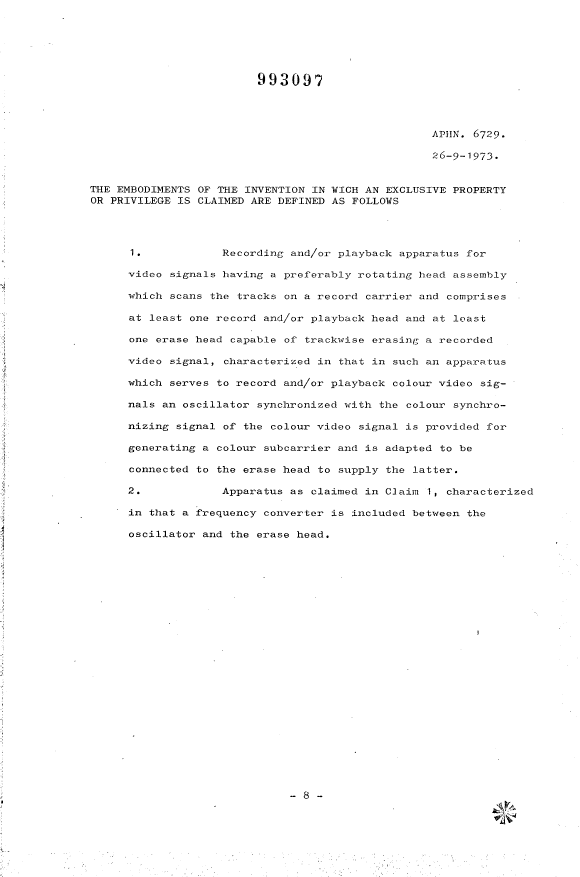 Canadian Patent Document 993097. Claims 19931218. Image 1 of 1