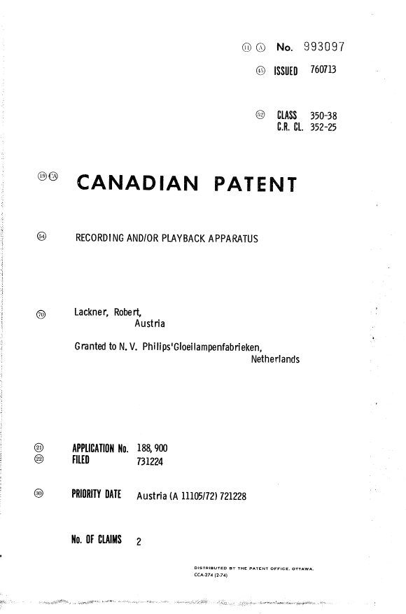 Canadian Patent Document 993097. Cover Page 19931218. Image 1 of 1