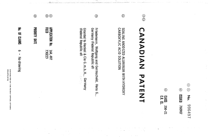 Canadian Patent Document 996497. Cover Page 19940620. Image 1 of 1