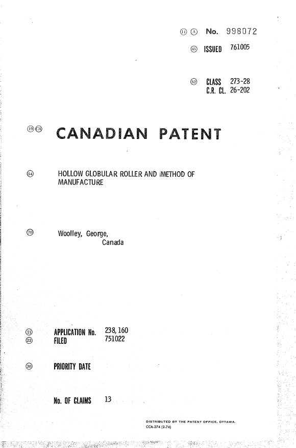 Document de brevet canadien 998072. Page couverture 19940622. Image 1 de 1