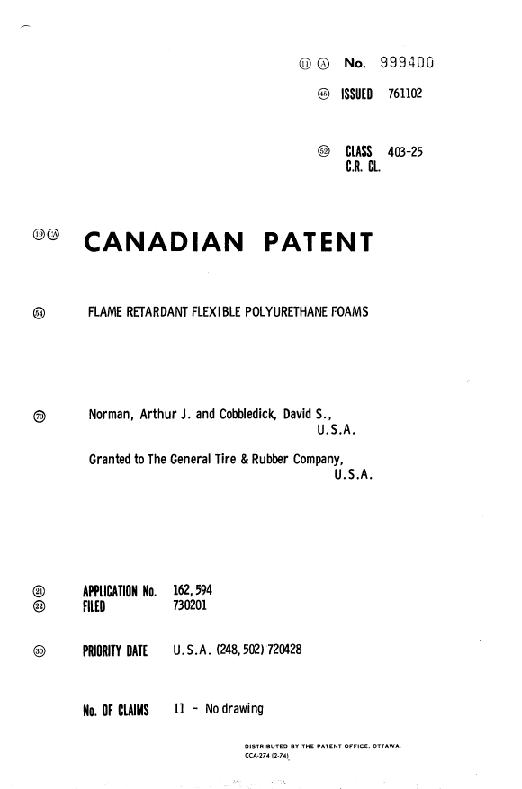 Canadian Patent Document 999400. Cover Page 19940622. Image 1 of 1