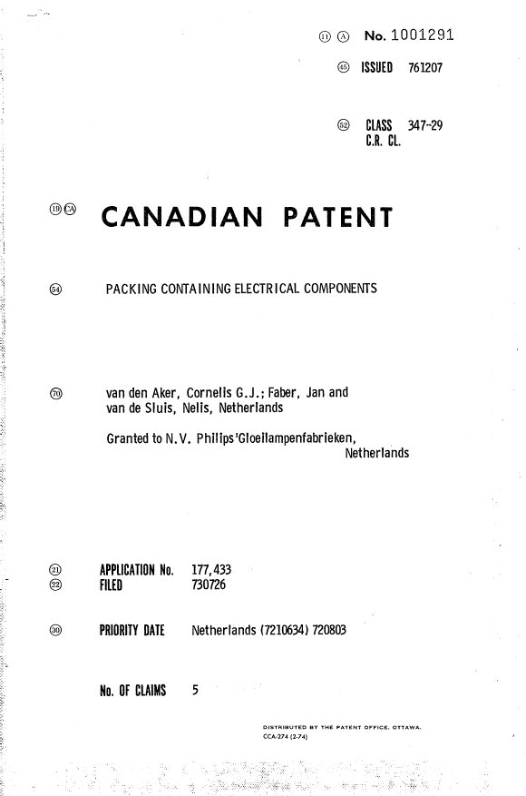 Canadian Patent Document 1001291. Cover Page 19940625. Image 1 of 1