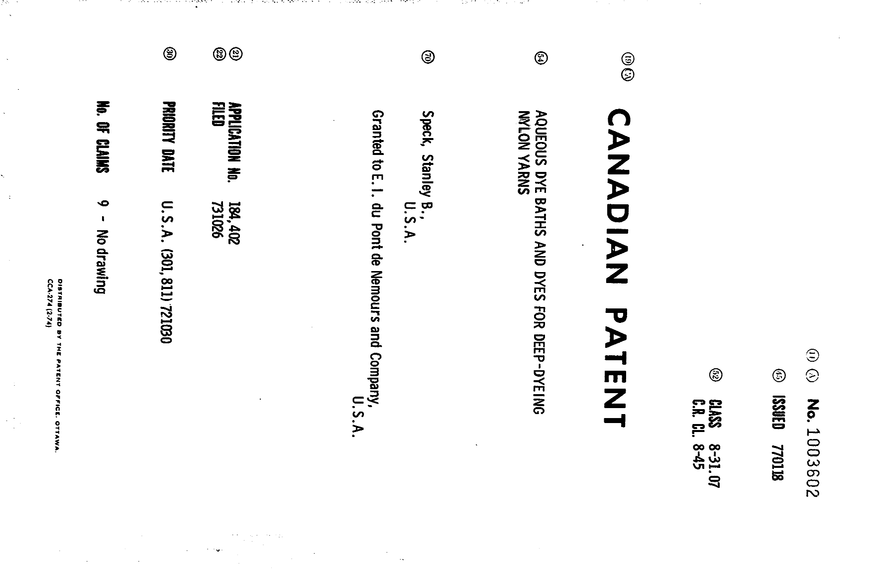 Canadian Patent Document 1003602. Cover Page 19940531. Image 1 of 1
