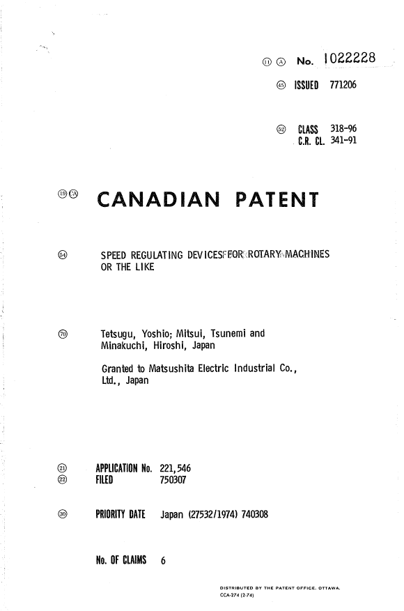Canadian Patent Document 1022228. Cover Page 19940609. Image 1 of 1