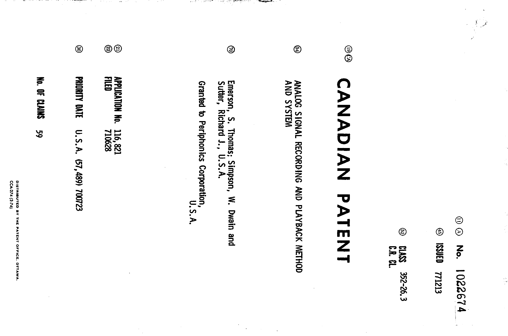Canadian Patent Document 1022674. Cover Page 19940623. Image 1 of 1