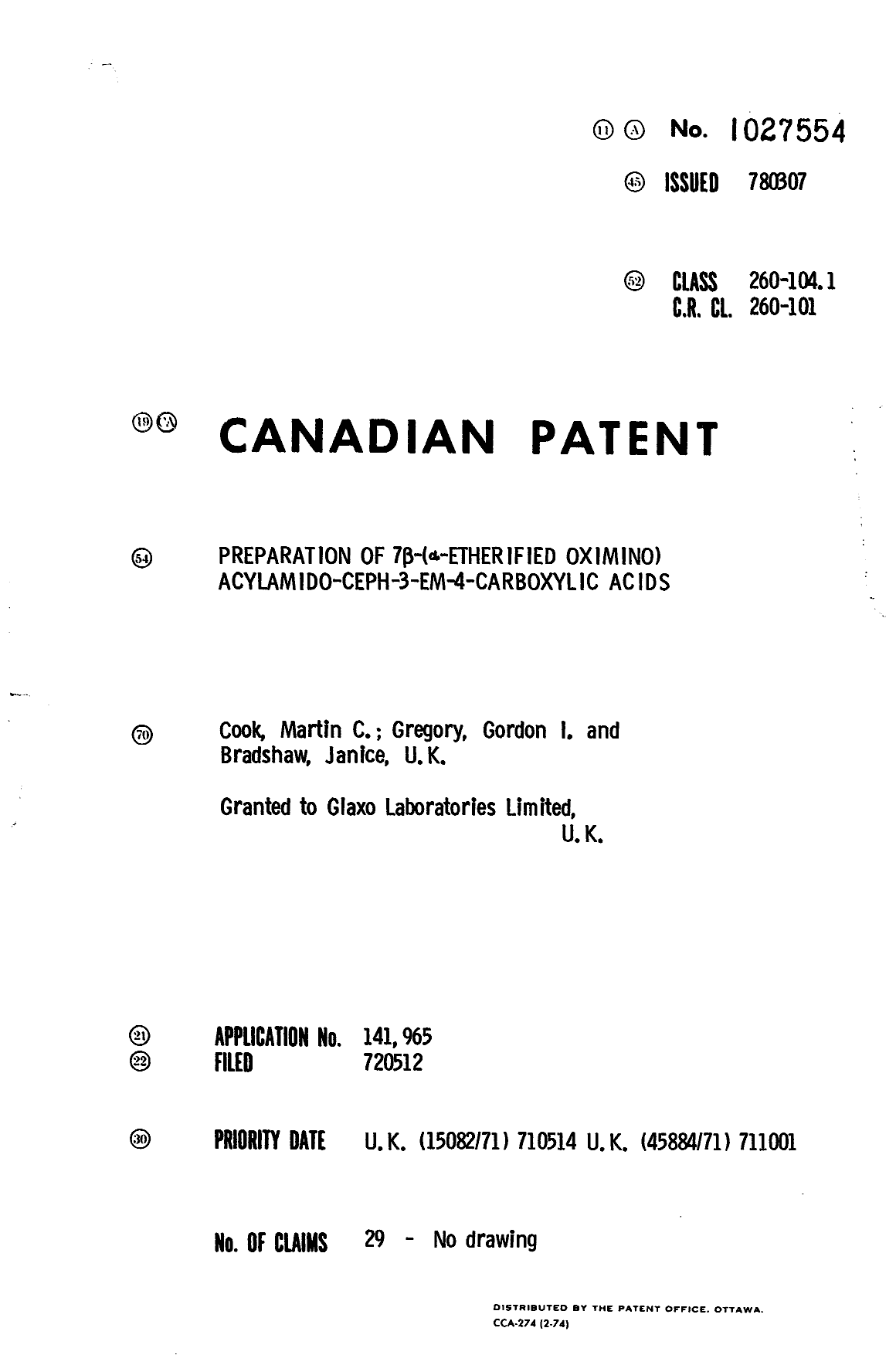 Document de brevet canadien 1027554. Page couverture 19940509. Image 1 de 1