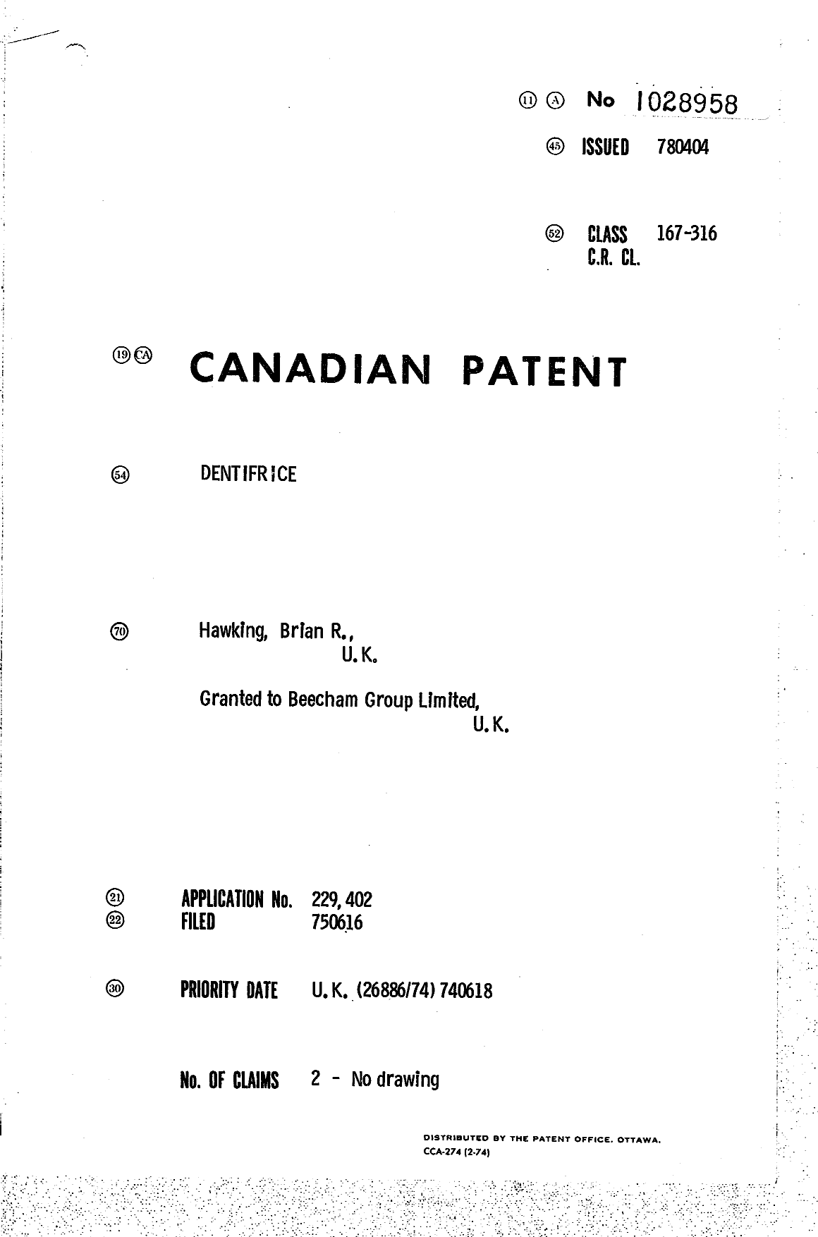 Document de brevet canadien 1028958. Page couverture 19940509. Image 1 de 1