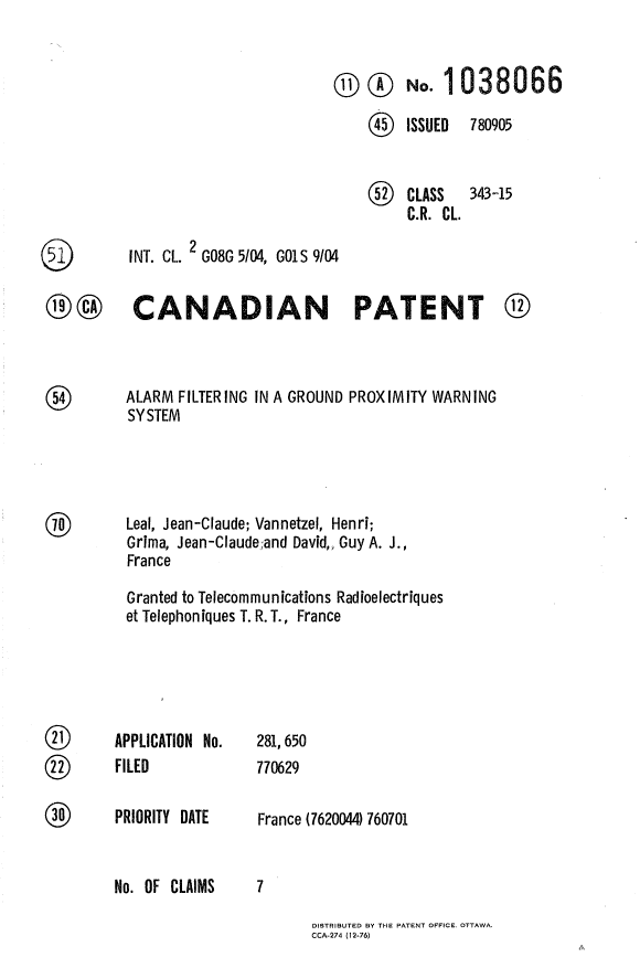Canadian Patent Document 1038066. Cover Page 19940519. Image 1 of 1