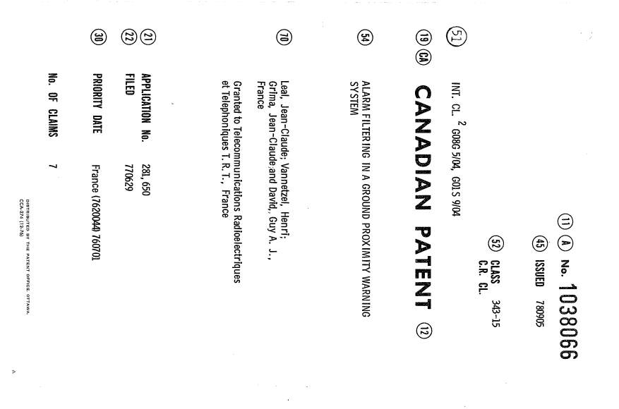 Document de brevet canadien 1038066. Page couverture 19940519. Image 1 de 1
