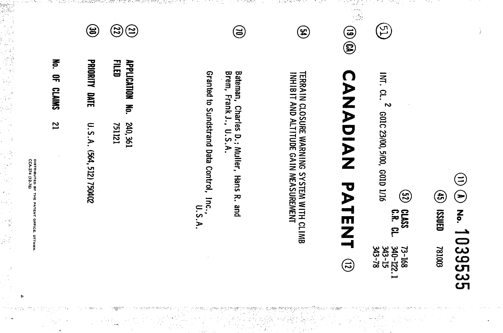 Canadian Patent Document 1039535. Cover Page 19940519. Image 1 of 1