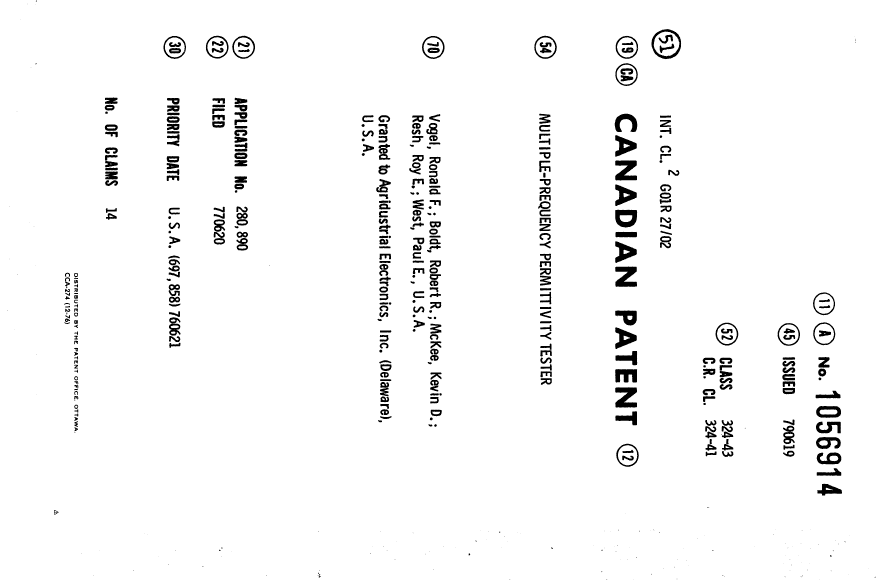 Document de brevet canadien 1056914. Page couverture 19940422. Image 1 de 1
