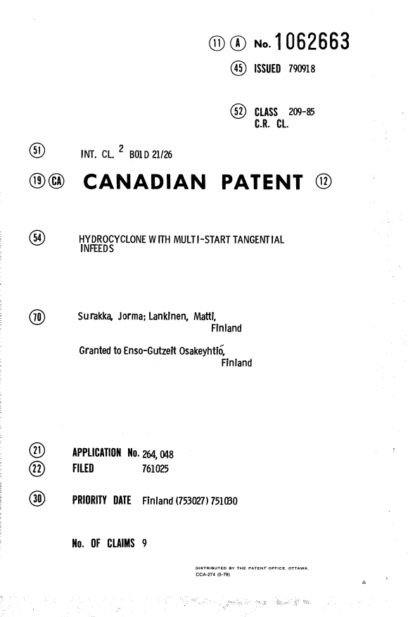 Canadian Patent Document 1062663. Cover Page 19940428. Image 1 of 1