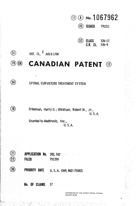 Canadian Patent Document 1067962. Cover Page 19940503. Image 1 of 1