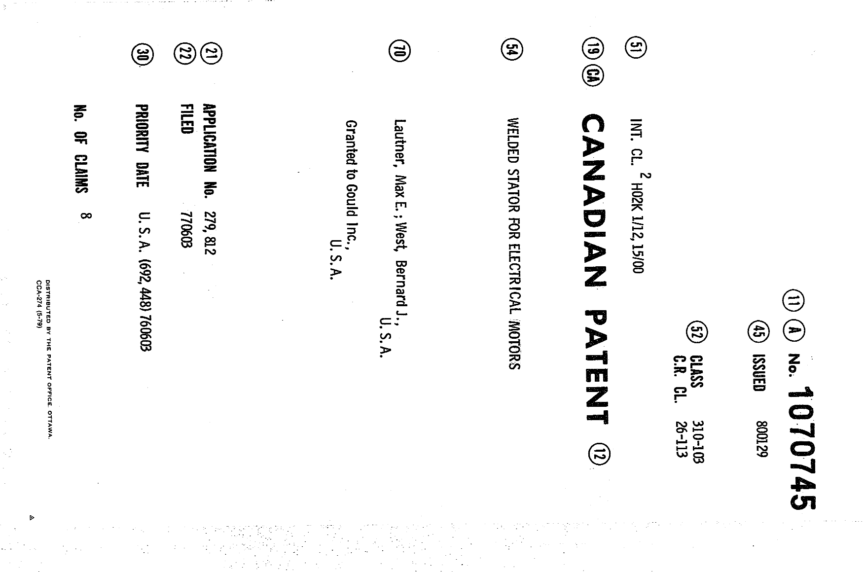 Canadian Patent Document 1070745. Cover Page 19940325. Image 1 of 1