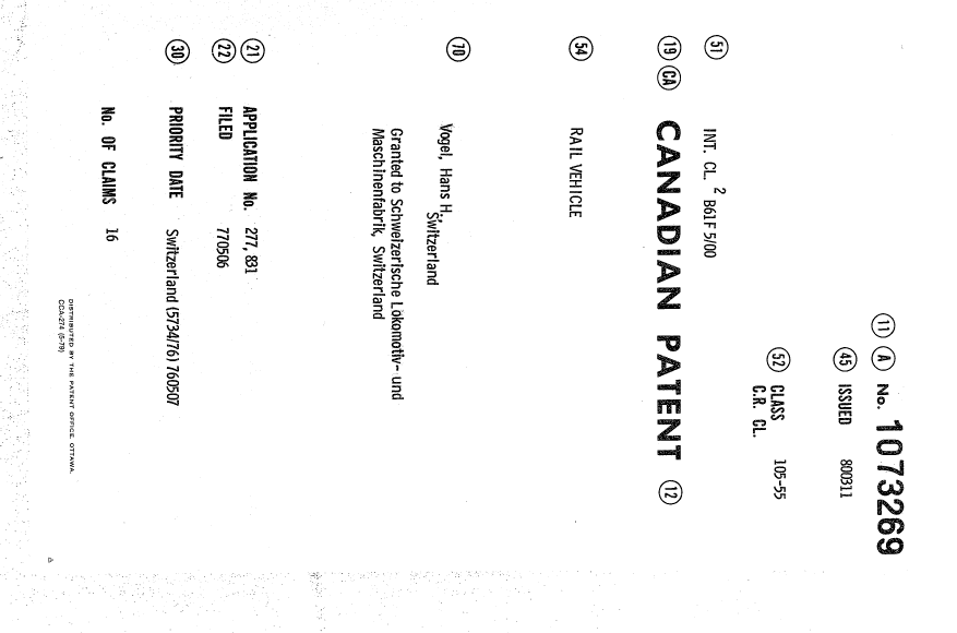 Document de brevet canadien 1073269. Page couverture 19940328. Image 1 de 1