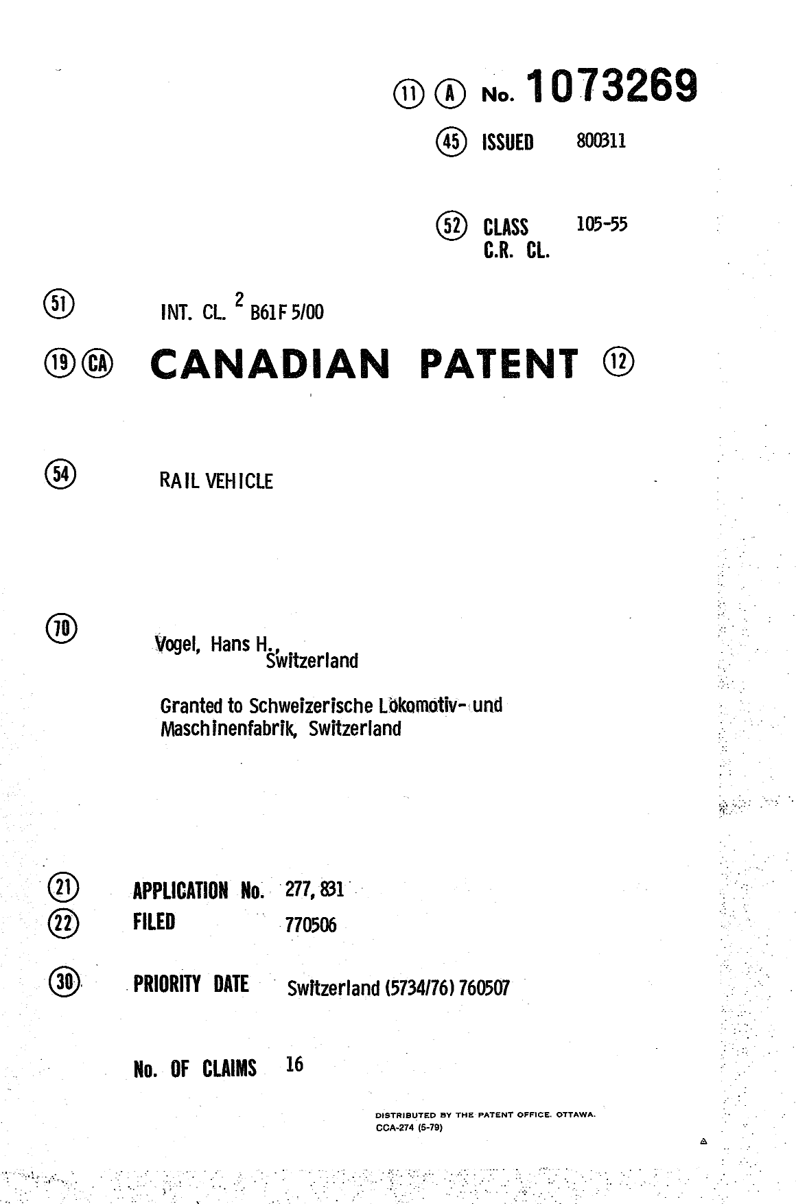 Document de brevet canadien 1073269. Page couverture 19940328. Image 1 de 1