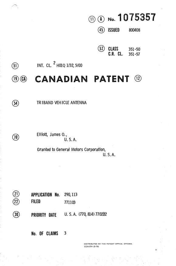Canadian Patent Document 1075357. Cover Page 19940407. Image 1 of 1