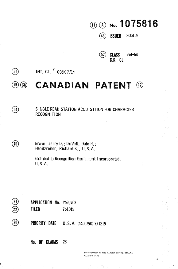 Canadian Patent Document 1075816. Cover Page 19940405. Image 1 of 1