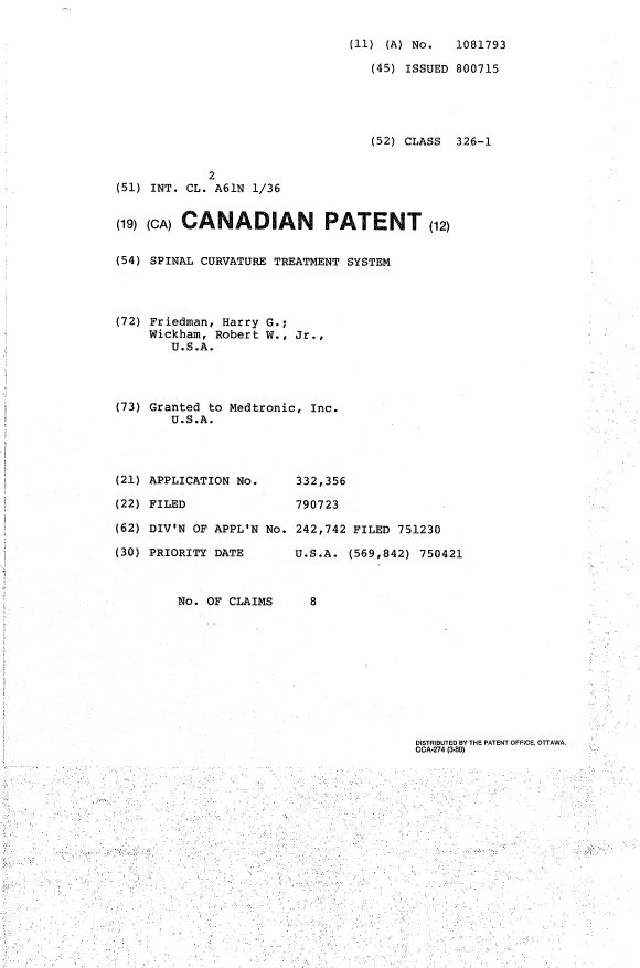 Document de brevet canadien 1081793. Page couverture 19940408. Image 1 de 1
