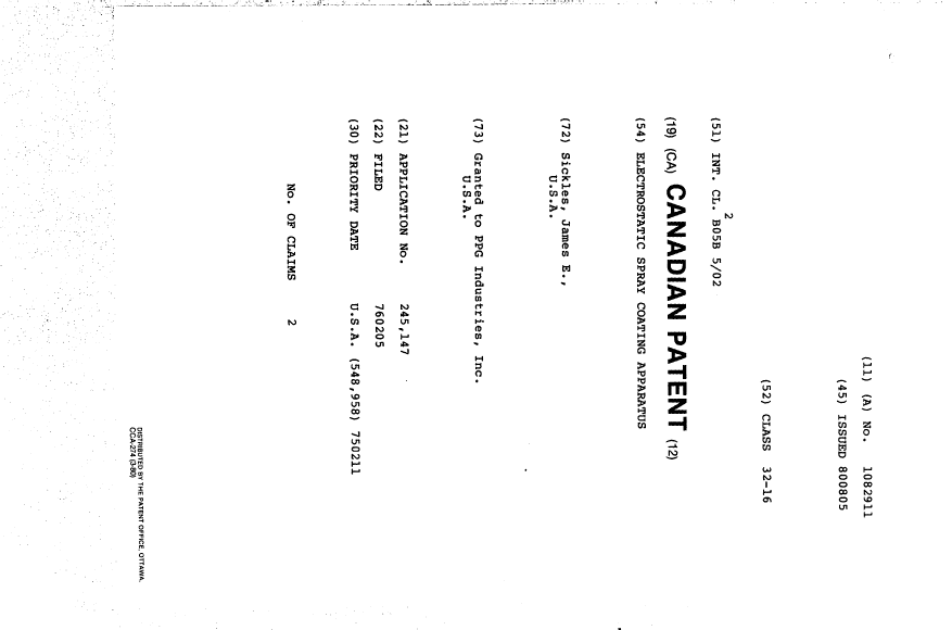 Canadian Patent Document 1082911. Cover Page 19940408. Image 1 of 1