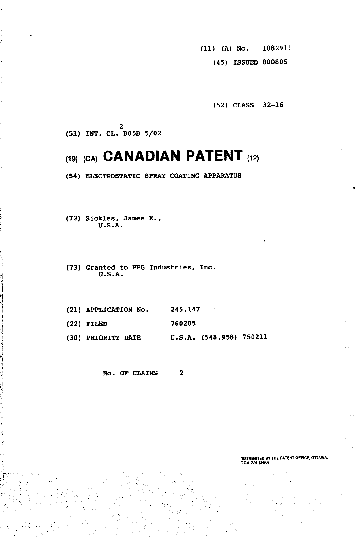 Document de brevet canadien 1082911. Page couverture 19940408. Image 1 de 1