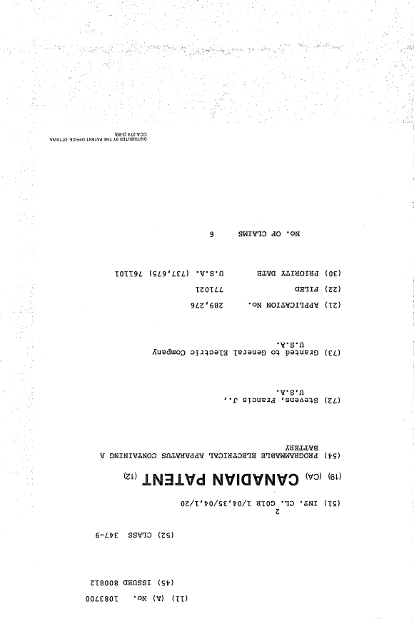 Canadian Patent Document 1083700. Cover Page 19940407. Image 1 of 1