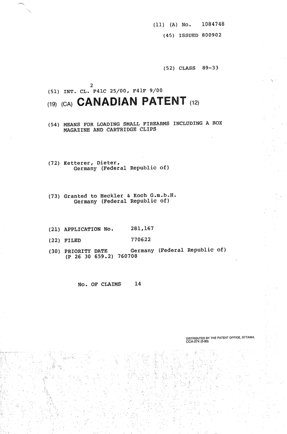 Canadian Patent Document 1084748. Cover Page 19940408. Image 1 of 1
