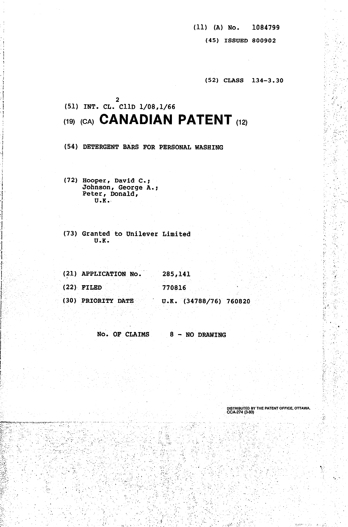 Document de brevet canadien 1084799. Page couverture 19940408. Image 1 de 1