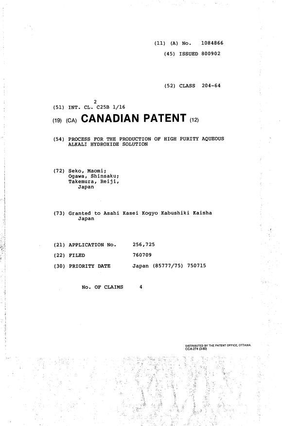 Document de brevet canadien 1084866. Page couverture 19940412. Image 1 de 1