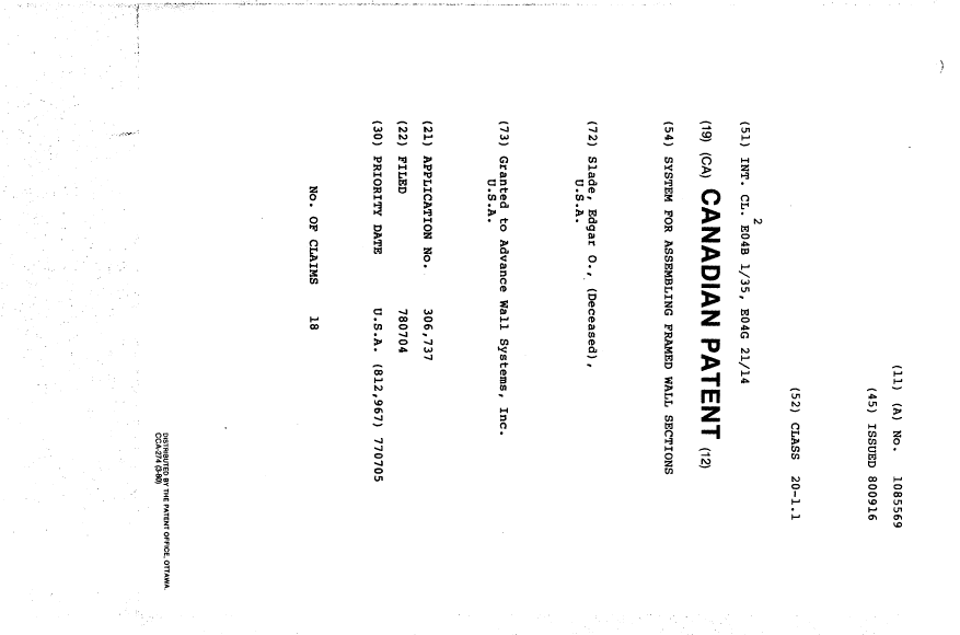 Document de brevet canadien 1085569. Page couverture 19940412. Image 1 de 1