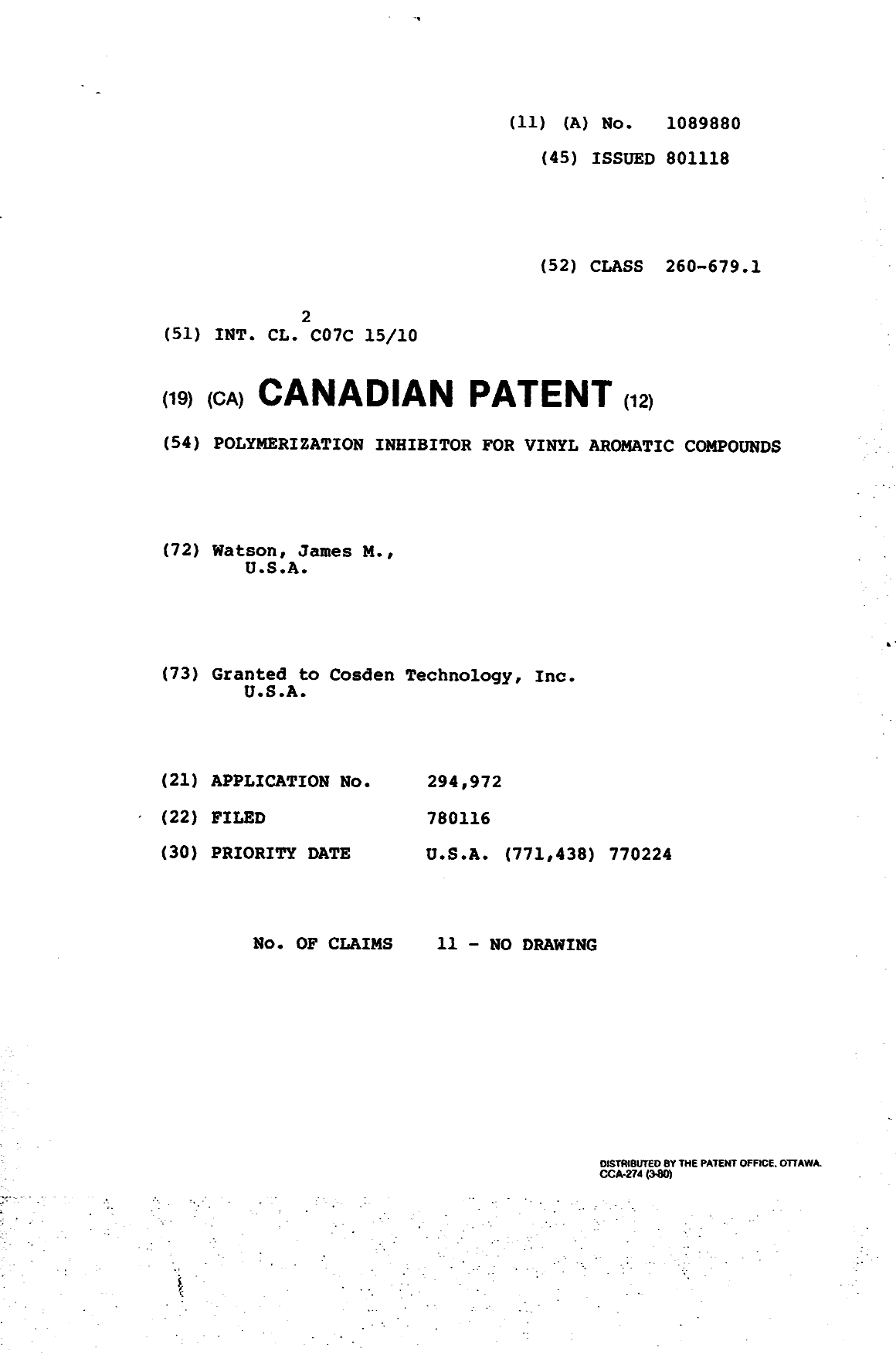 Document de brevet canadien 1089880. Page couverture 19940413. Image 1 de 1