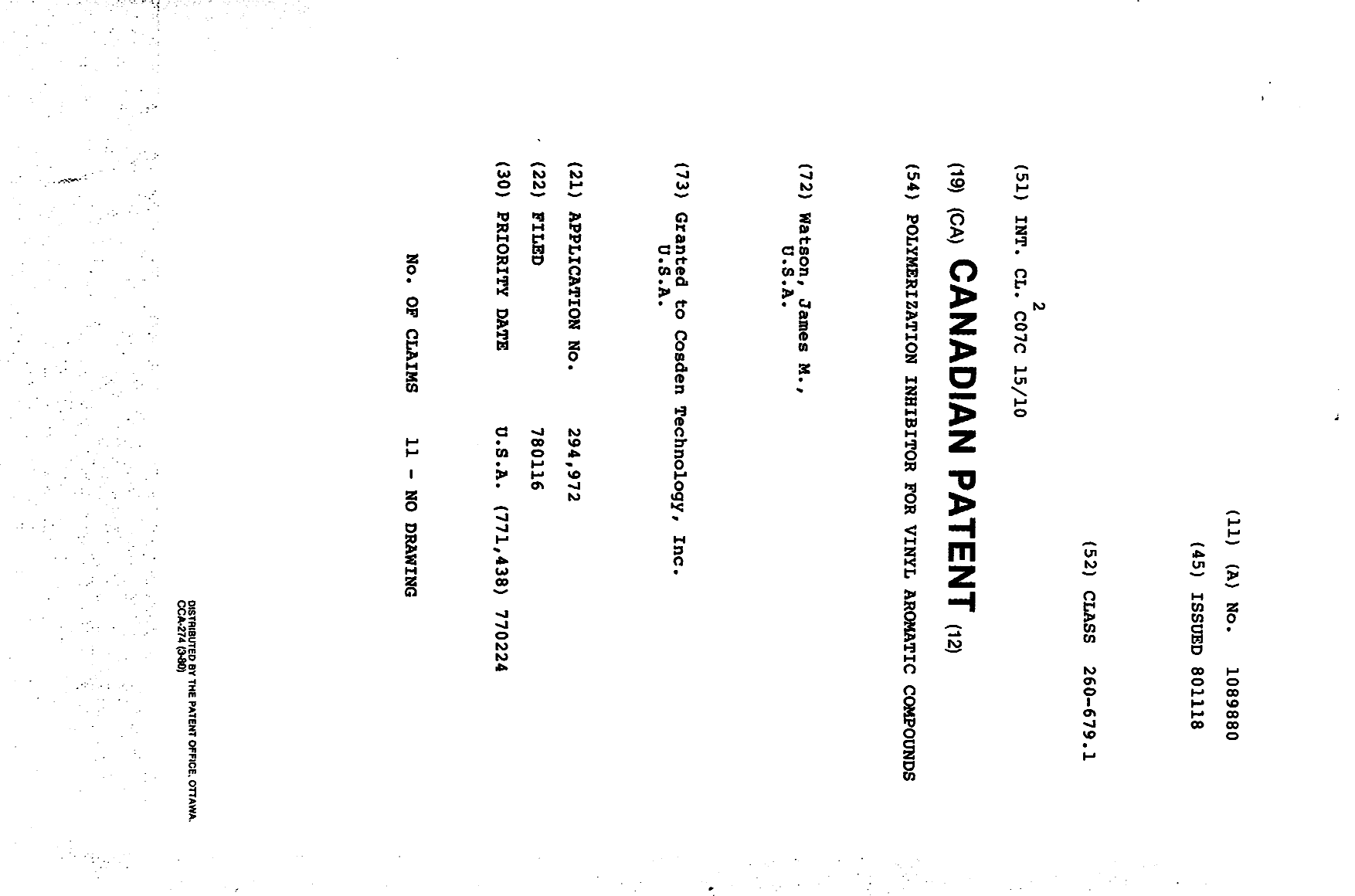 Canadian Patent Document 1089880. Cover Page 19940413. Image 1 of 1