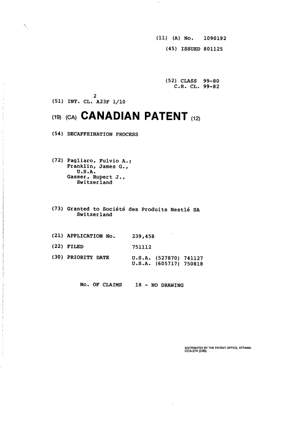 Canadian Patent Document 1090192. Cover Page 19940415. Image 1 of 1