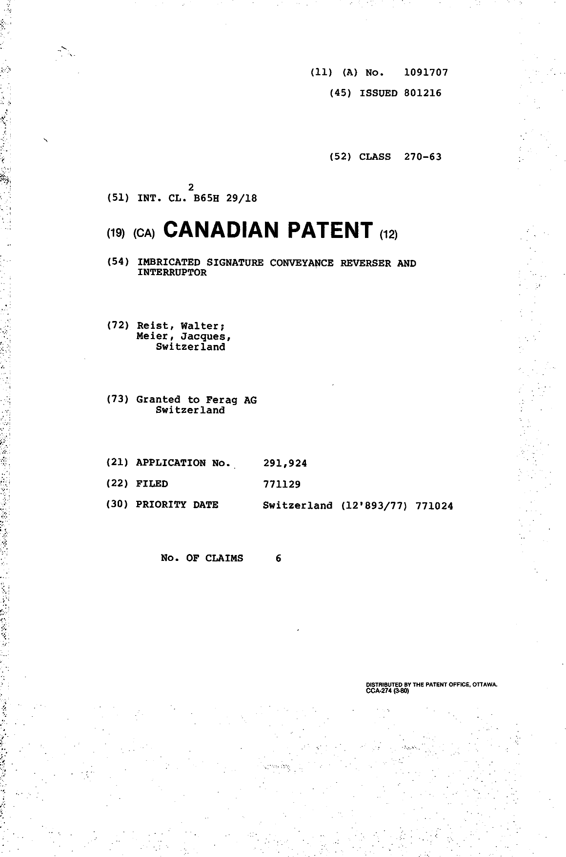 Document de brevet canadien 1091707. Page couverture 19940415. Image 1 de 1