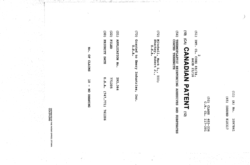 Document de brevet canadien 1097841. Page couverture 19940309. Image 1 de 1