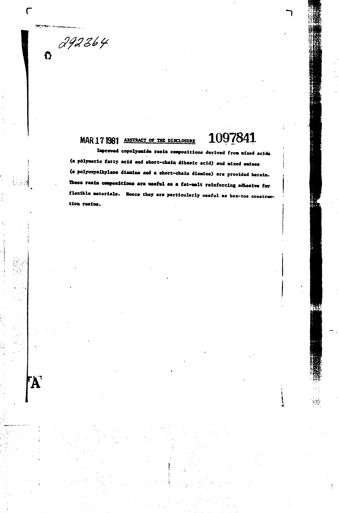 Document de brevet canadien 1097841. Abrégé 19940309. Image 1 de 1