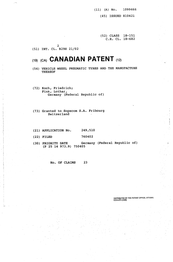 Canadian Patent Document 1099466. Cover Page 19940315. Image 1 of 1