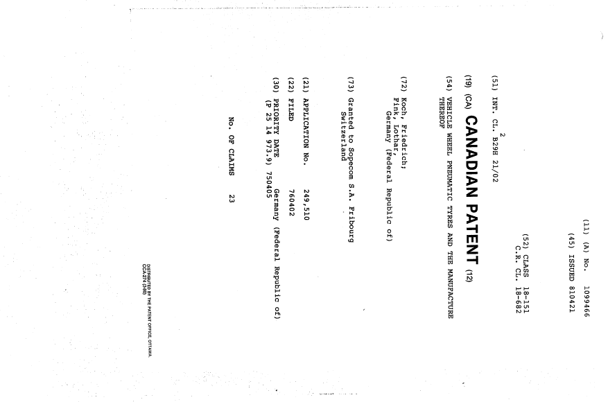 Document de brevet canadien 1099466. Page couverture 19940315. Image 1 de 1