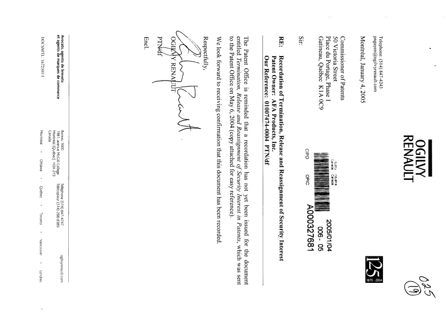Document de brevet canadien 1099674. Cession 20050104. Image 1 de 4