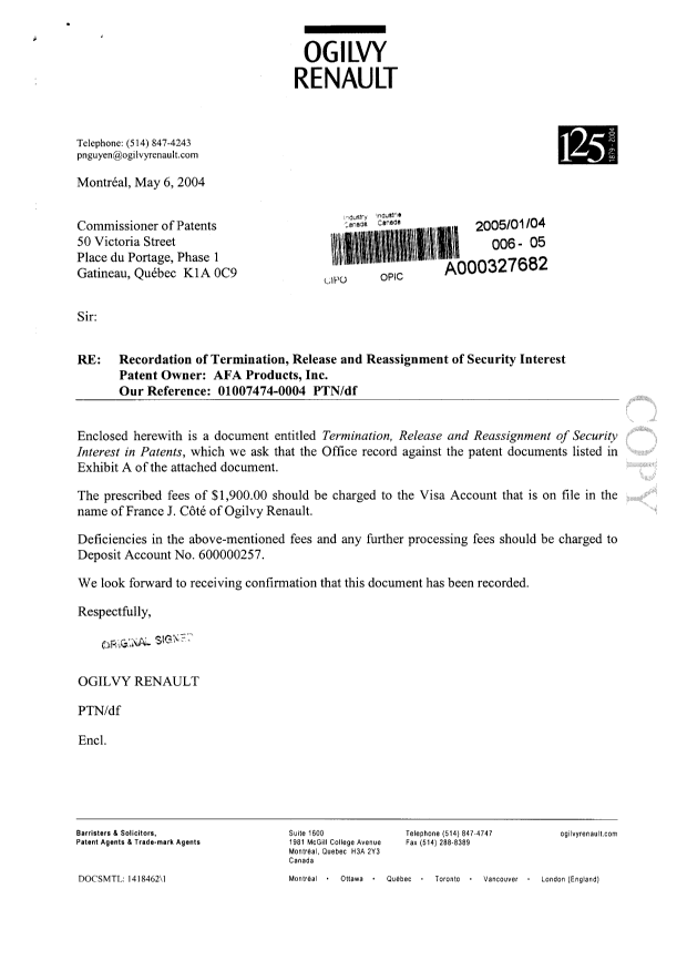 Document de brevet canadien 1099674. Cession 20050104. Image 2 de 4