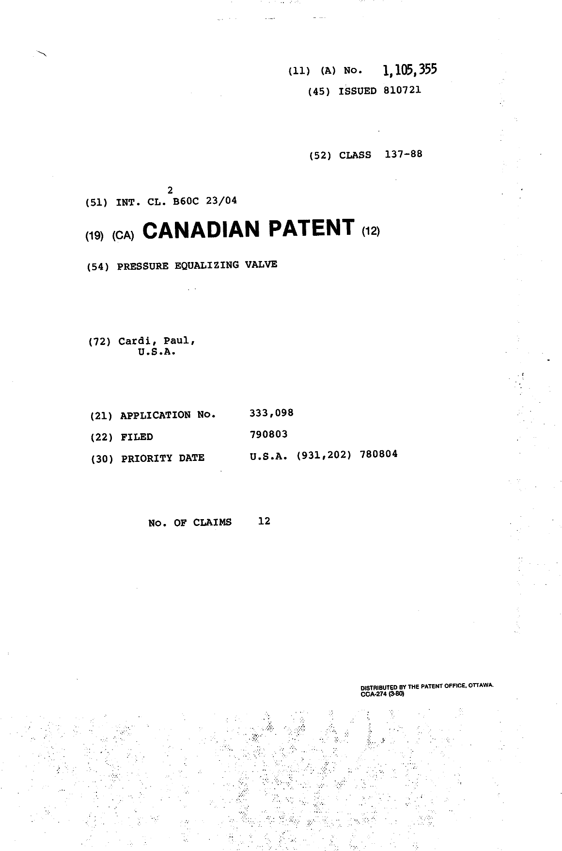 Document de brevet canadien 1105355. Page couverture 19940316. Image 1 de 1