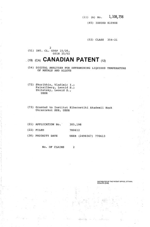 Canadian Patent Document 1108758. Cover Page 19940318. Image 1 of 1