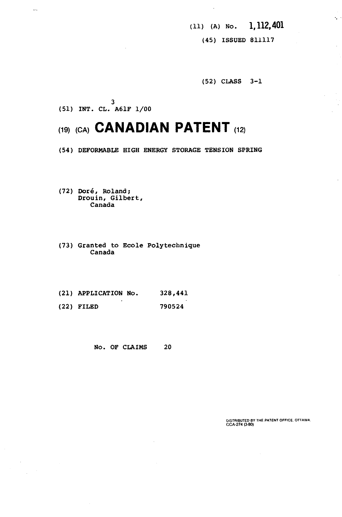 Document de brevet canadien 1112401. Page couverture 19940328. Image 1 de 1