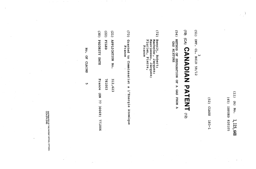 Document de brevet canadien 1115648. Page couverture 19940127. Image 1 de 1