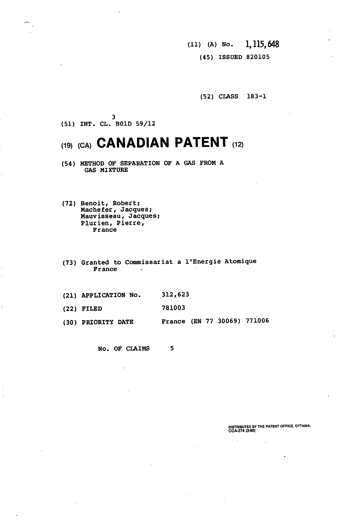 Document de brevet canadien 1115648. Page couverture 19940127. Image 1 de 1